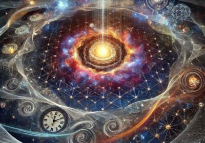 DALL·E-2024-09-24-13.28.16-A-three-dimensional-cosmic-web-floating-in-space-representing-the-universe-in-its-entirety.-The-web-consists-of-interwoven-fibers-symbolizing-fundame